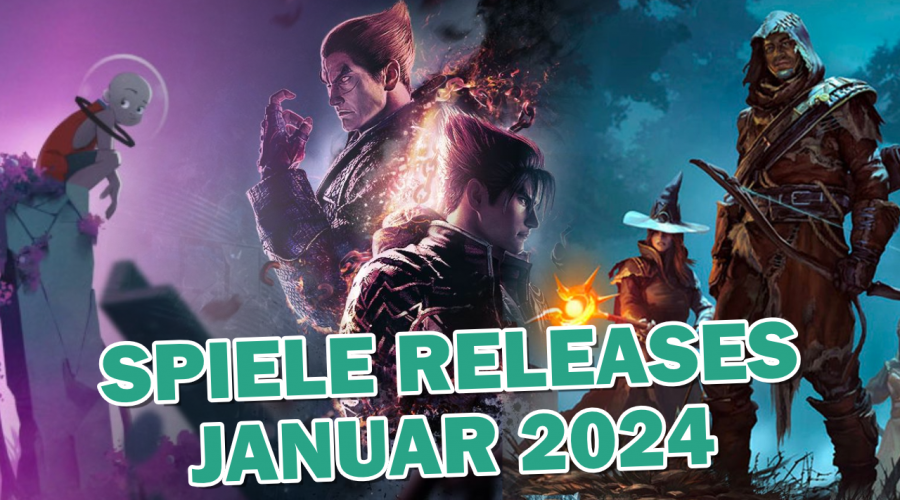 Bild mit drei Spielen für den Januar 2024. Zu sehen sind unterschiedliche Protagonisten, zum Beispiel aus Tekken 8